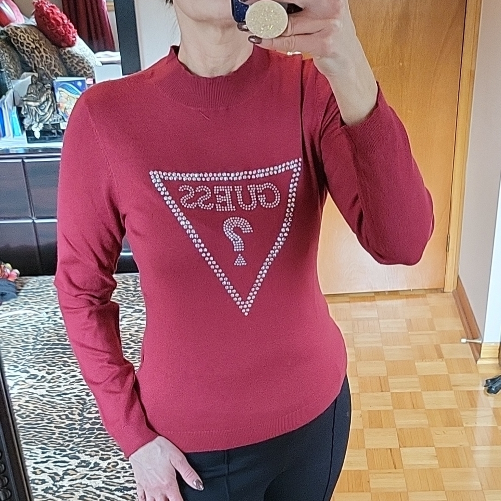 NEW Guess Dark Red Long Sleeve Fitted Crew Neck Finely Knit Top, Sparkle Logo XL